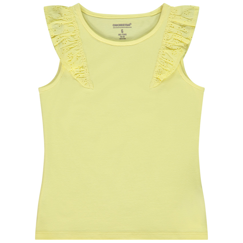 Camiseta sin mangas con volantes en bordado inglés para niña 