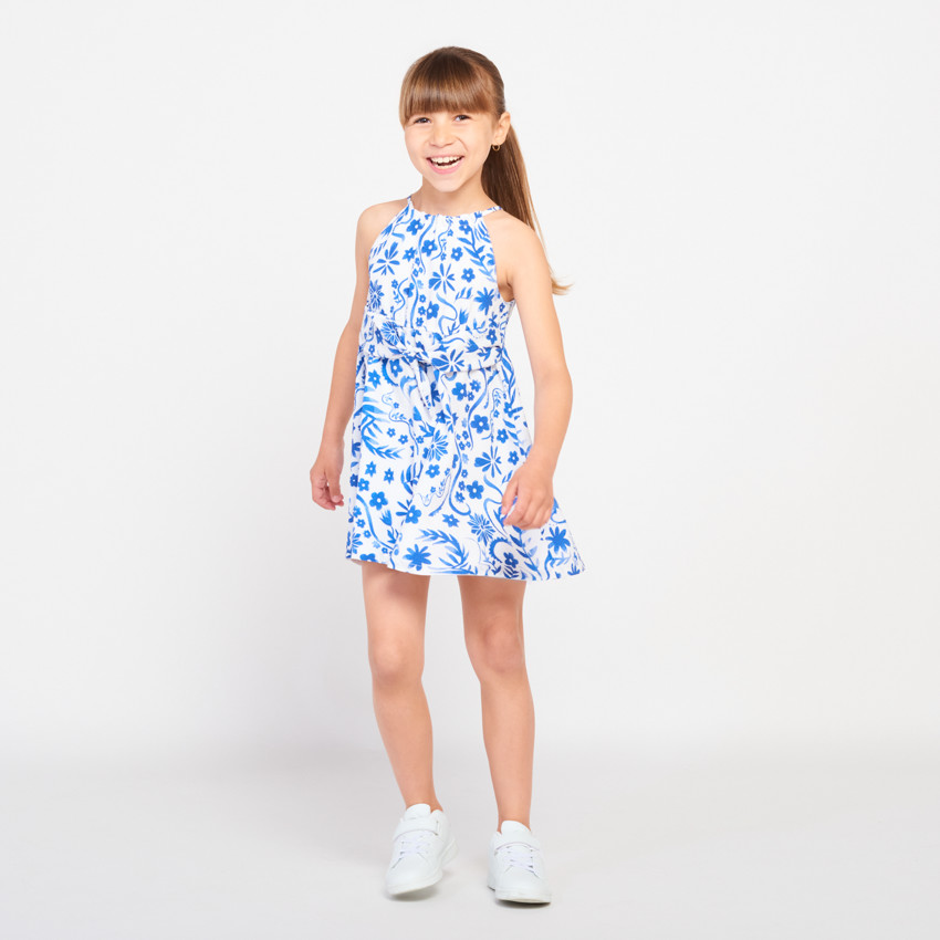 Vestido sin mangas estampado de flores con cintura anudada para niña 