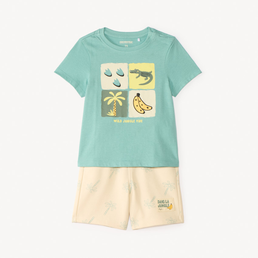 Conjunto de dos piezas, camiseta + pantalón corto con estampado de jungla para bebé niño. 