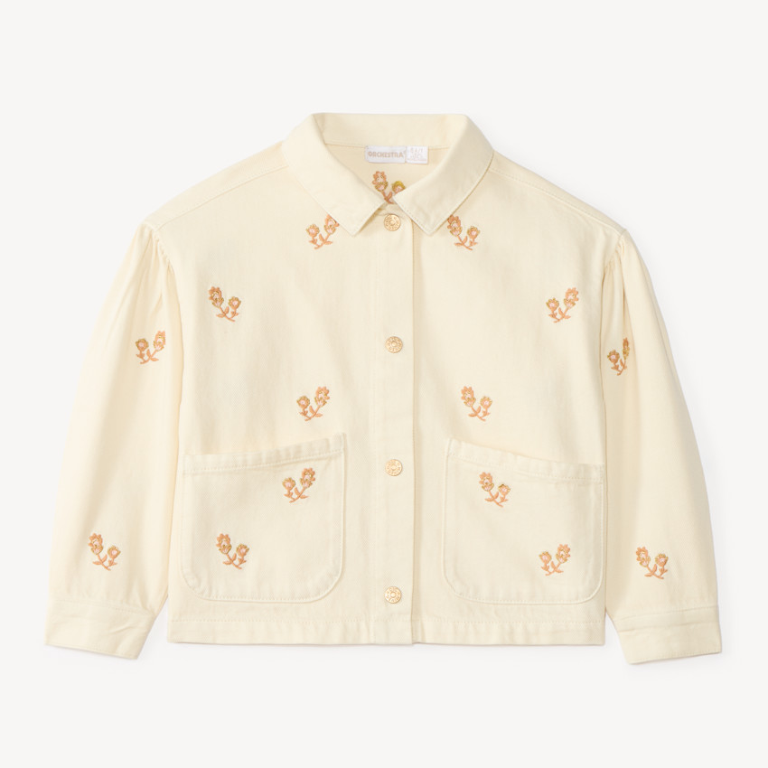 Chaqueta de mezclilla para niña con bordados de flores 
