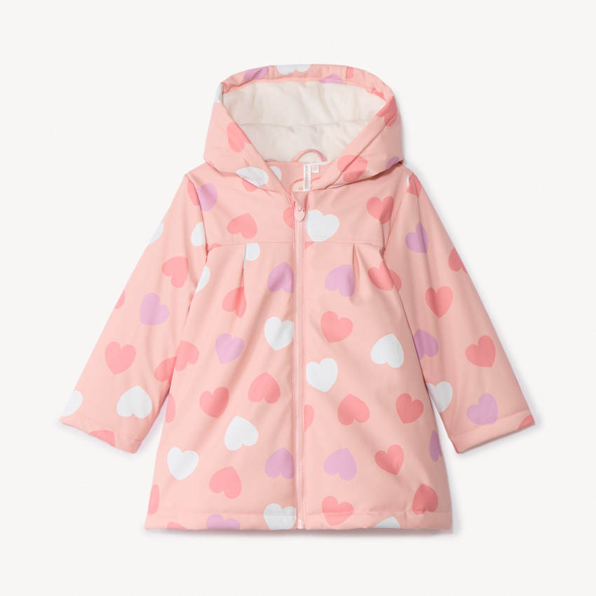 Parka goma color rosa con estampado de corazones y efecto cambio de color para bebé niña 