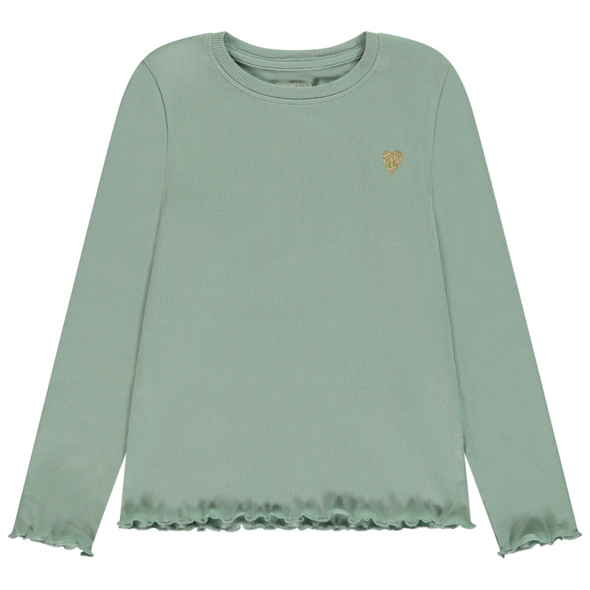 Camiseta de manga larga de punto de canalé con bordado de corazón dorado niña 
