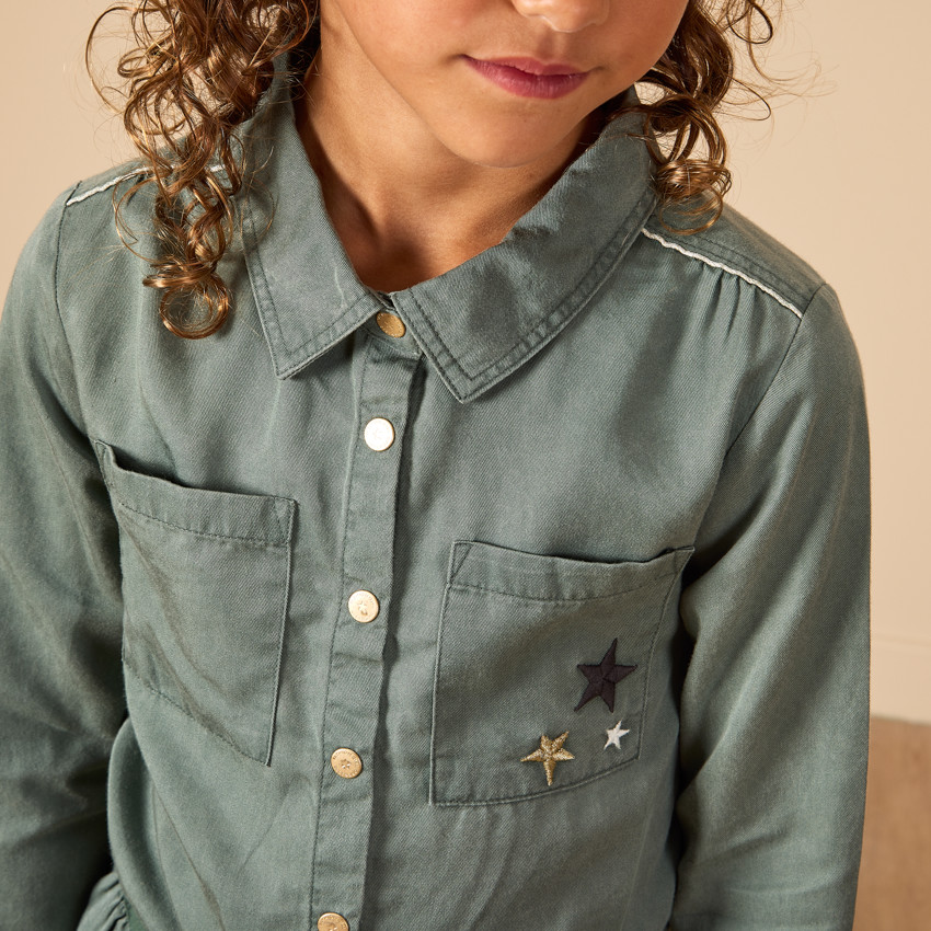 Vestido de manga larga estilo camisa con cinturón para niña 