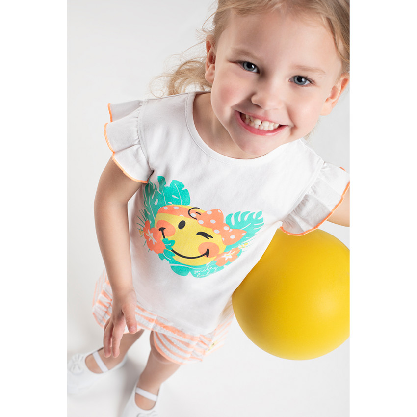 Conjunto de camiseta con estampado ©Smiley y pantalón corto de rayas 