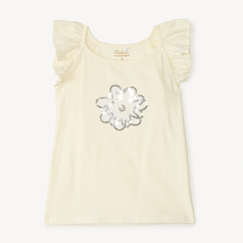 Camiseta sin mangas con detalles fantasía y flores de lentejuelas para niña 