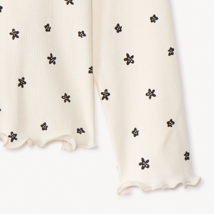 Camiseta de manga larga de punto acanalado con estampado de flores para niña 