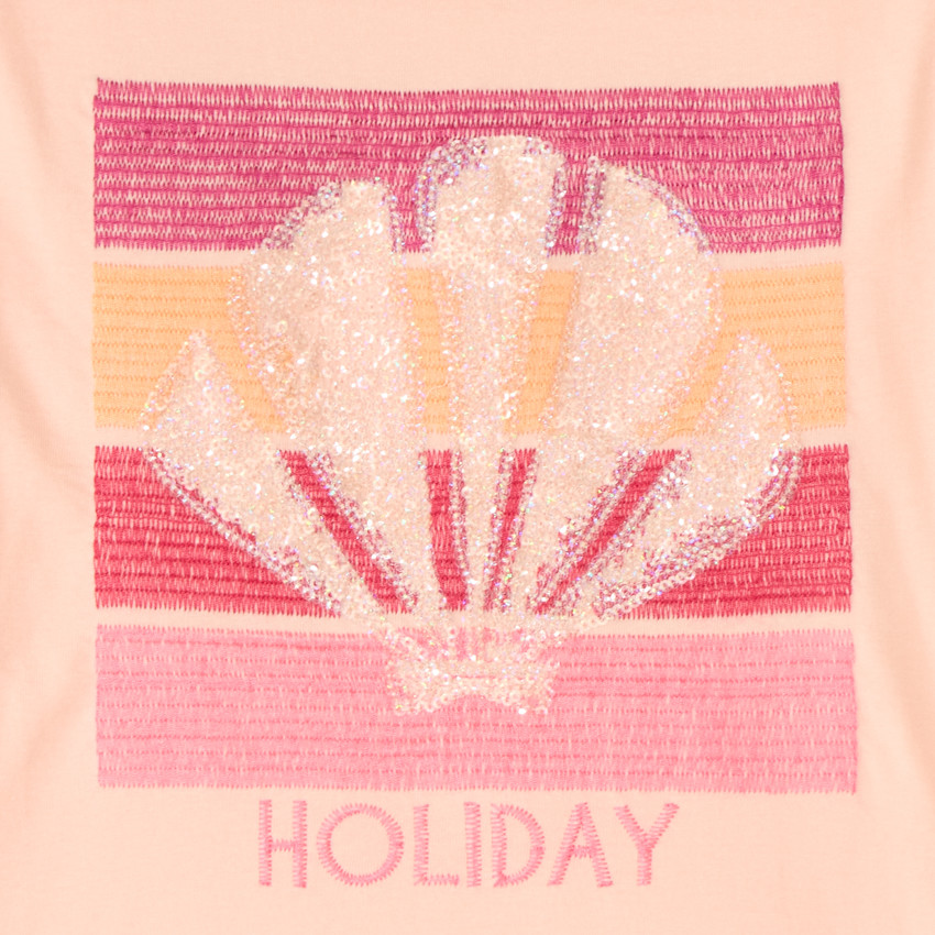 Camiseta de manga corta con bordado de lentejuelas de concha para niña 