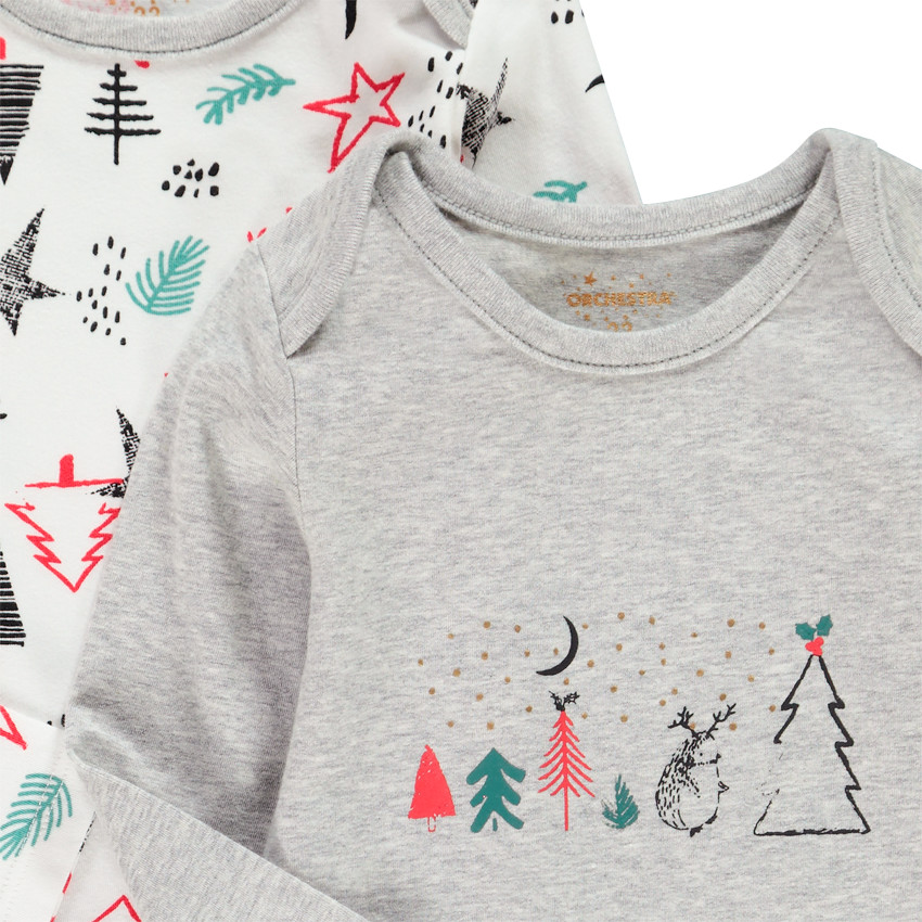 Lot de 2 bodies manches longues en coton esprit Noël pour bébé garçon Main Lot de 2 bodies manches longues en coton esprit Noël pour bébé garçon