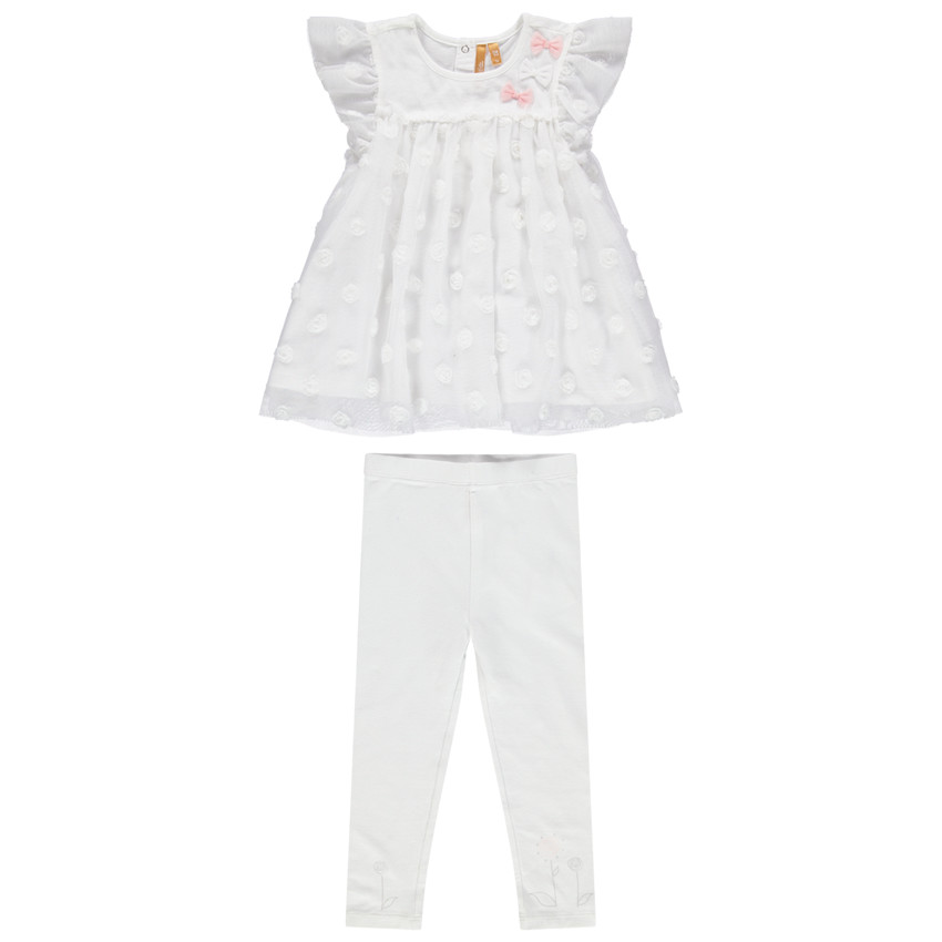 Conjunto de fiesta con túnica de tul con bordado de realce y leggings blancos 