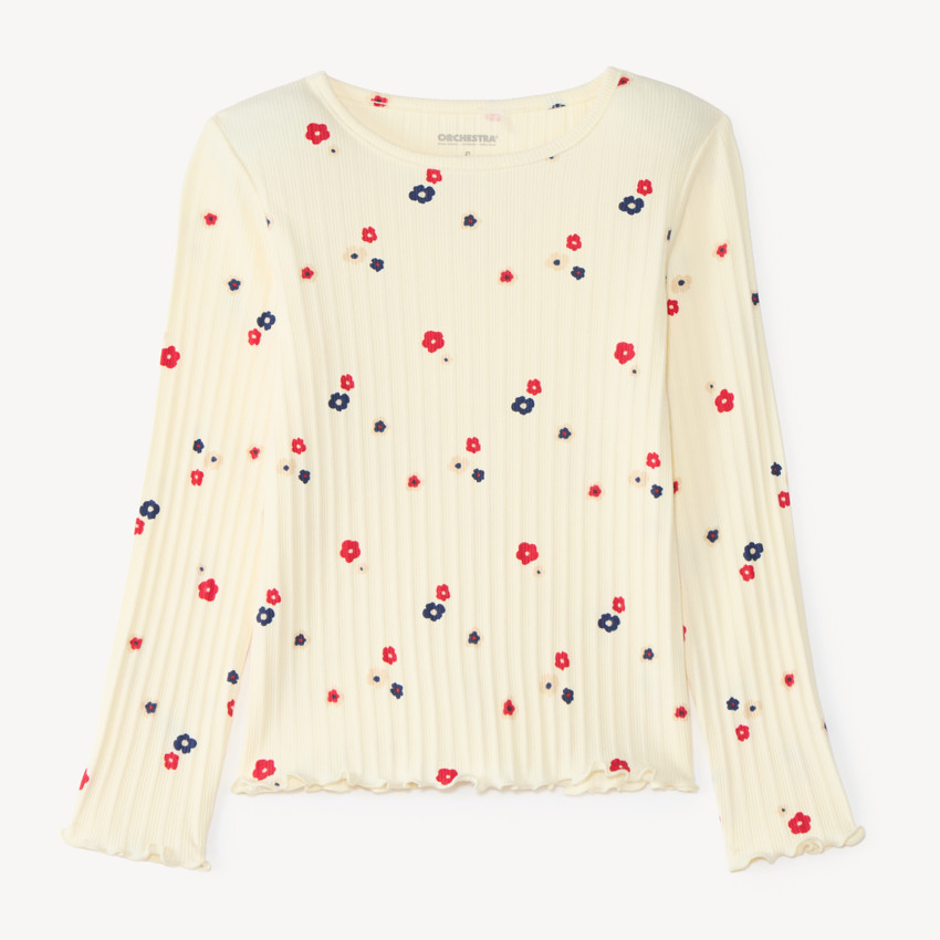 Camiseta de manga larga niña de canalé con estampado de flores 