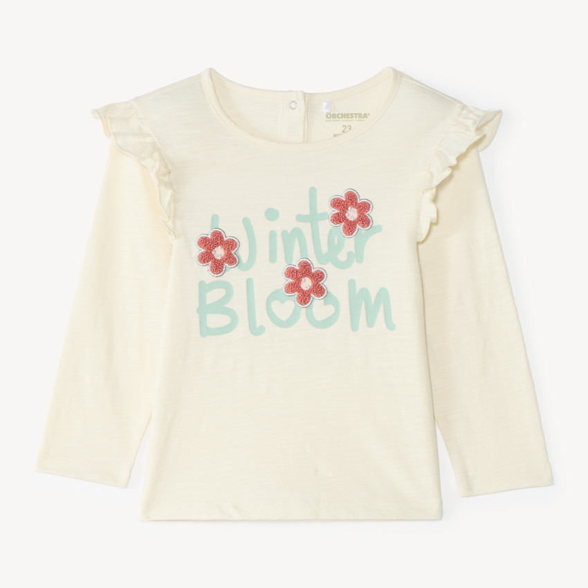 Camiseta de manga larga para bebé niña con parche de felpa decorativa. 