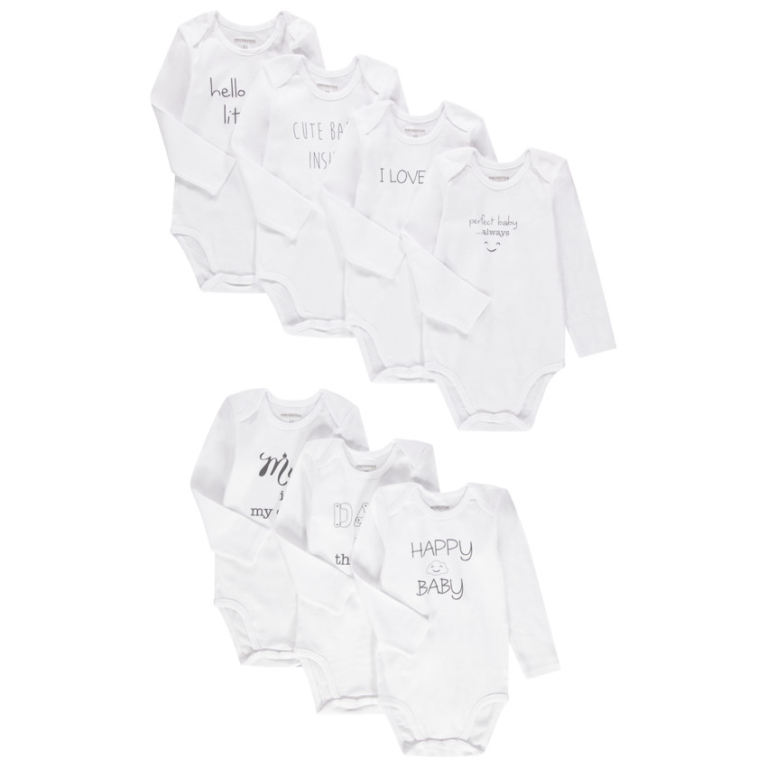 Pack de 7 bodies de manga larga para bebé con estampados variados.  Additional Pack de 7 bodies de manga larga para bebé con estampados variados.