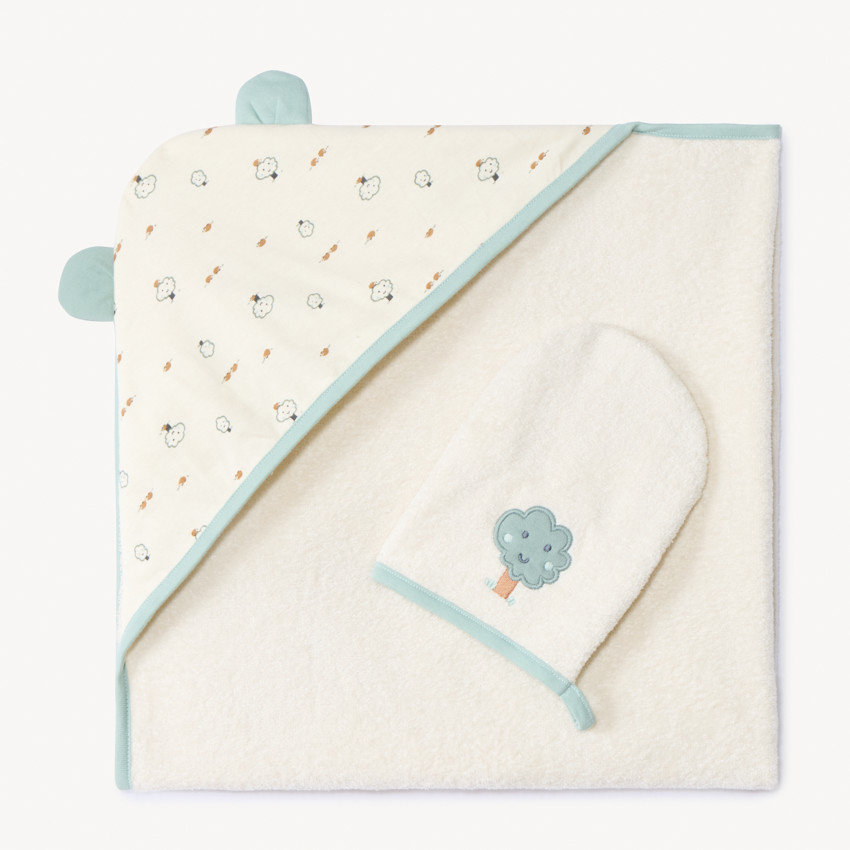 Set de bain bi-matière cape + gant de toilette imprimé arbre pour bébé 