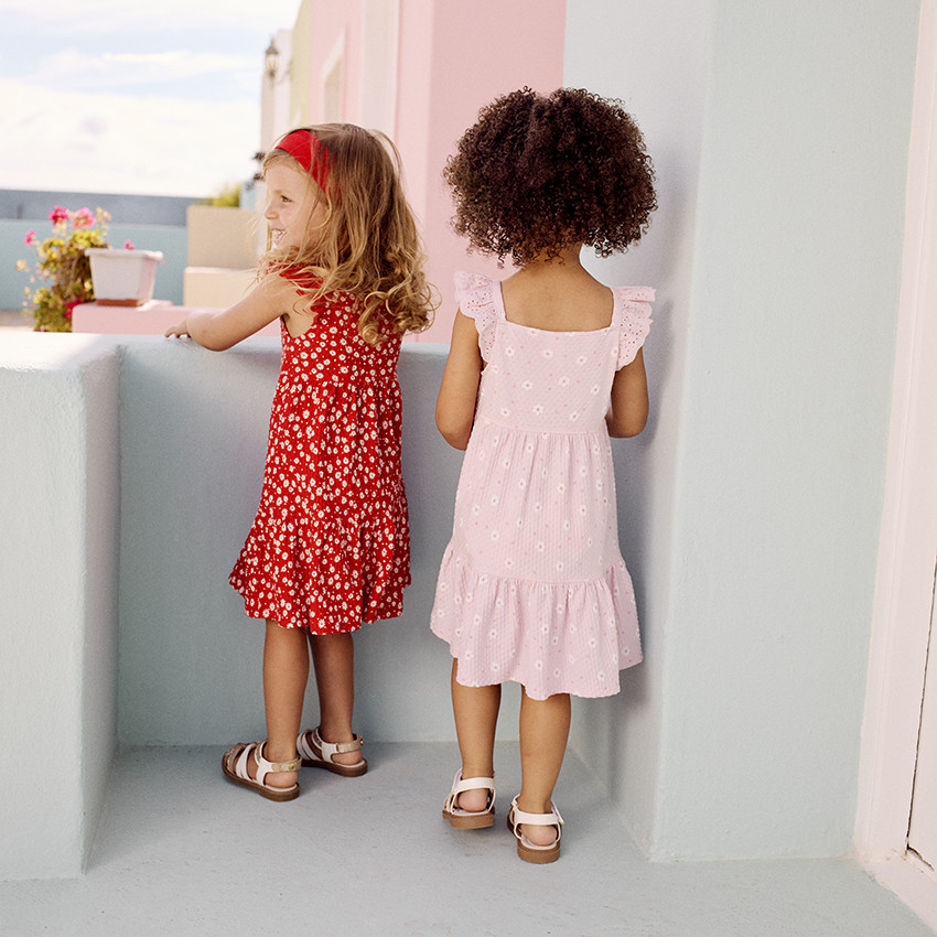Vestido de manga corta estampado en tejido cloqué para bebé niña 