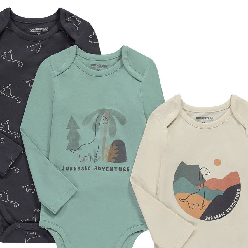 Pack de 5 bodies de manga larga con estampado de dinosaurios para bebé niño con diferentes aperturas según la edad. 