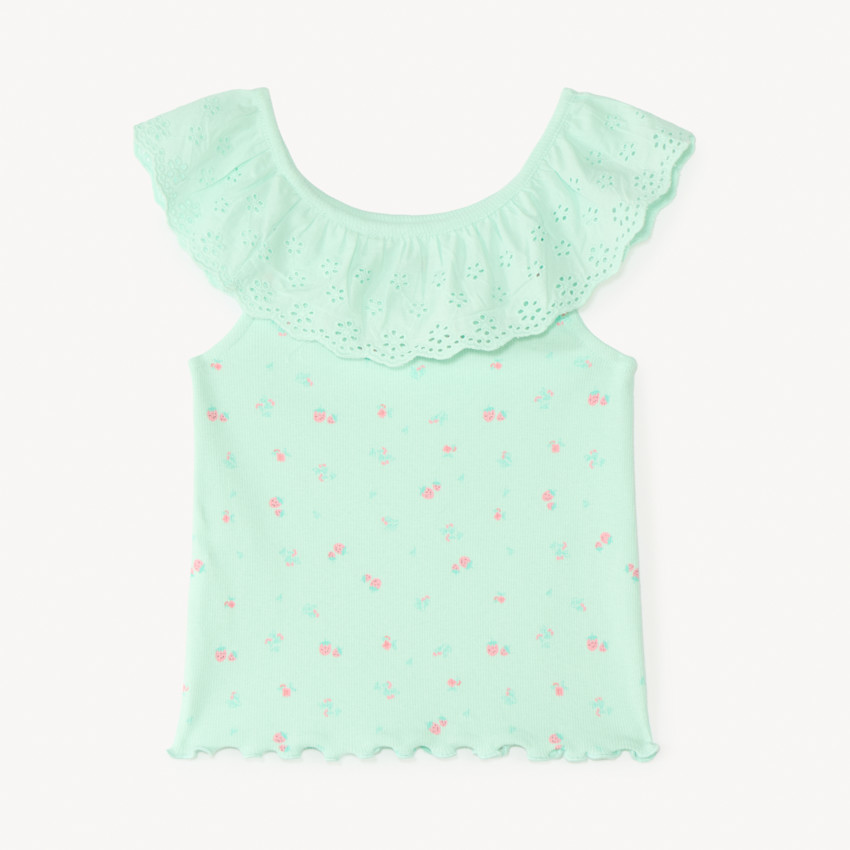 Camiseta sin mangas con volante de bordado inglés y estampado de fresa para bebé niña. 