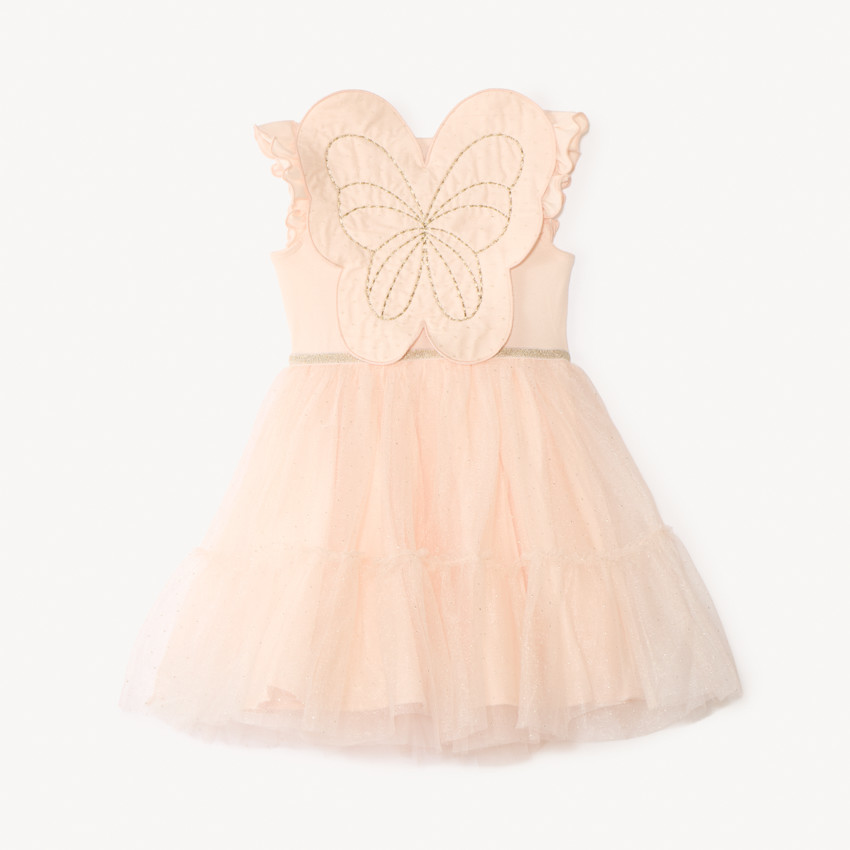Robe de dos bretelles en tissu mélange effet 2-en-1 avec ailes de papillon pour bébé fille. 