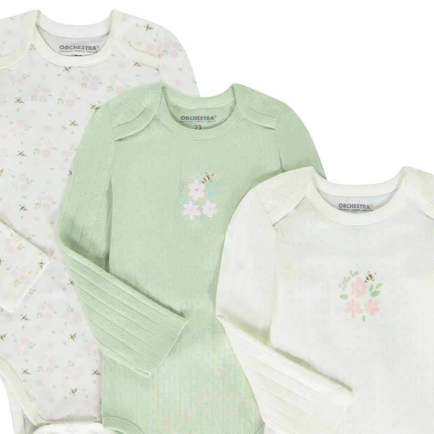 Pack de 7 bodies de manga larga con estampados de flores y abejas para bebé niña con diferentes tipos de apertura según la edad. 
