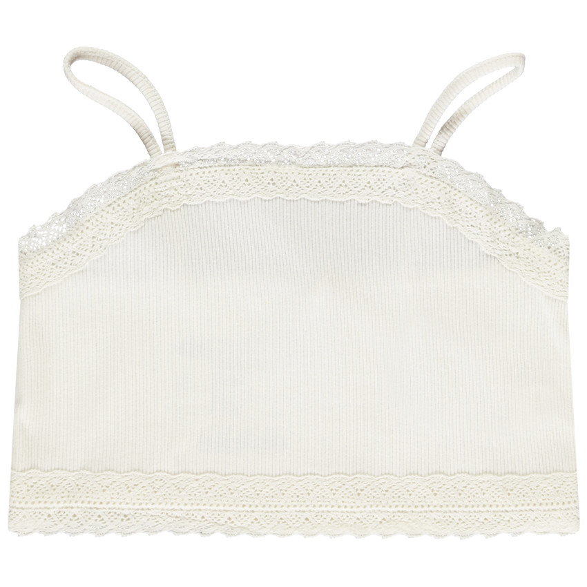 Crop top de punto acanalado con tirantes finos y encaje para niña 