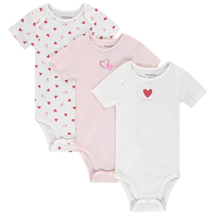 Lote de 3 Bodies de manga corta con fantasía de corazones para bebé niña 