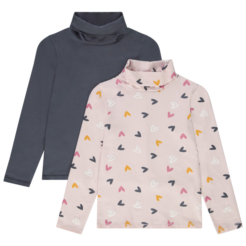 Pack de 2 sous-pulls de niña con cuello alto, estampado de corazones y liso. 