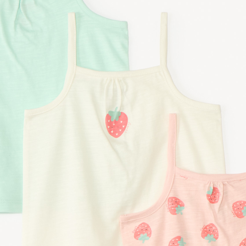 Lote de 3 camisetas sin mangas con estampado de fresas para niña. 
