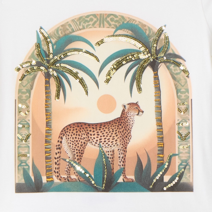 Camiseta de hombros al aire con estampado de leopardo y lentejuelas para niña 