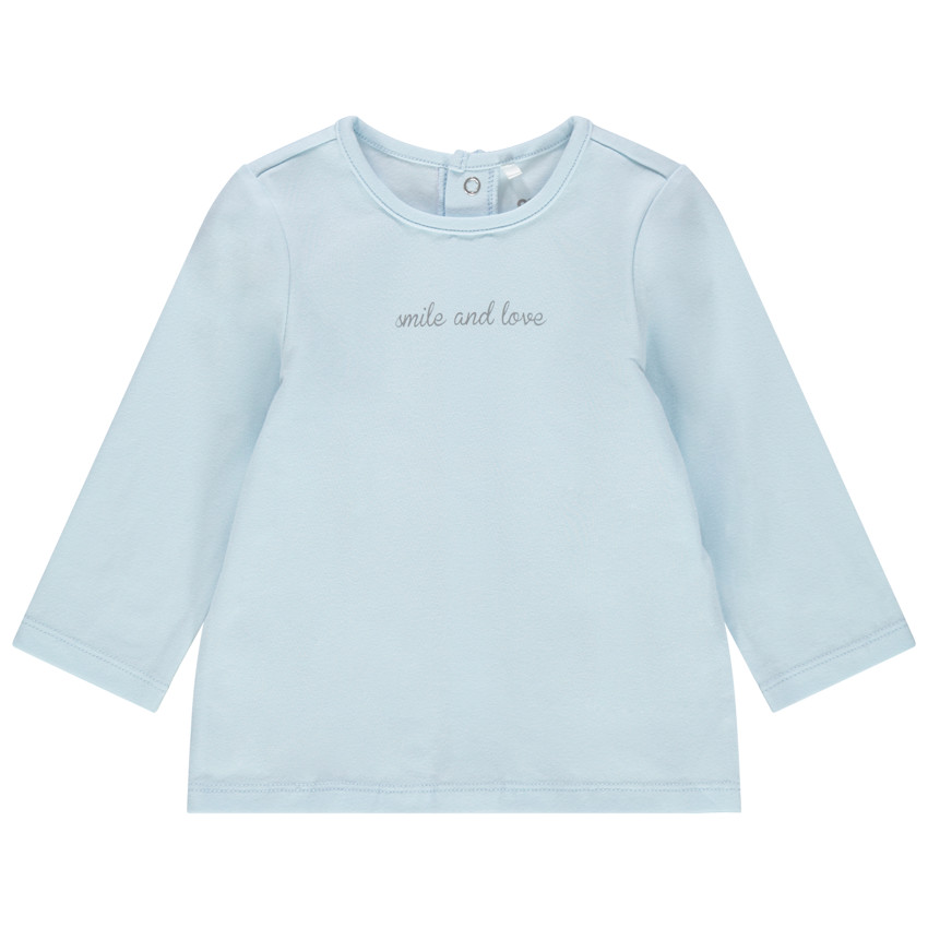 T-shirt manches longues en coton bio à message printé bleu ciel 