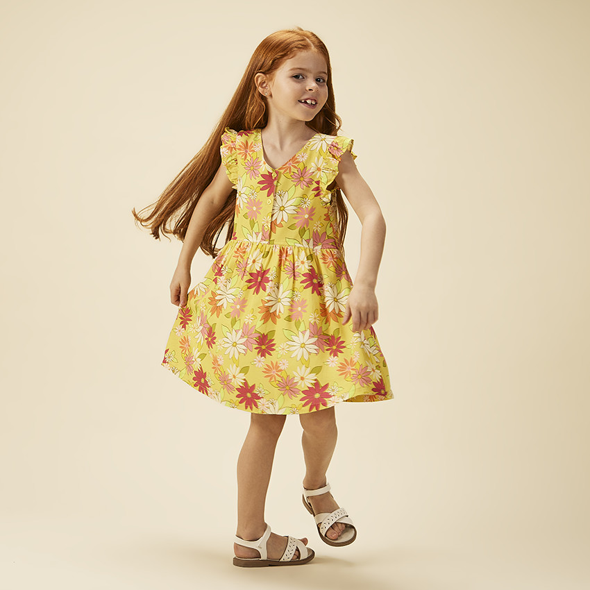 Vestido de manga corta con volantes y estampado floral para niña 