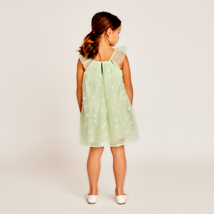 Robe unie en tulle avec petites fleurs 3D pour fille 