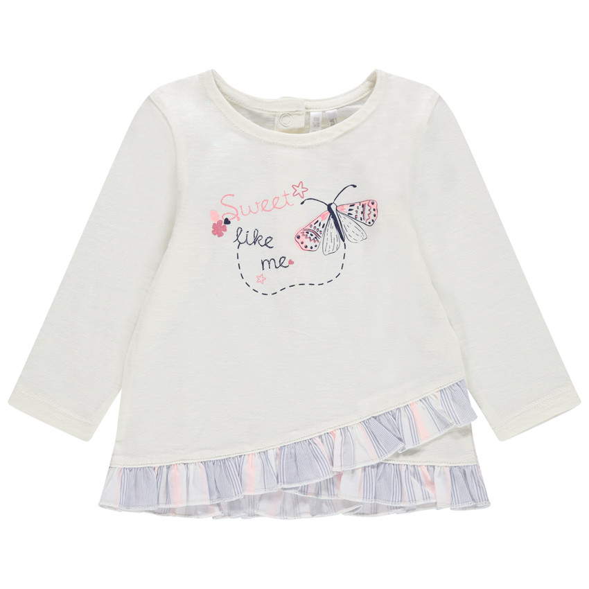 Camiseta de manga larga con solapas con volantes y mariposa estampada 