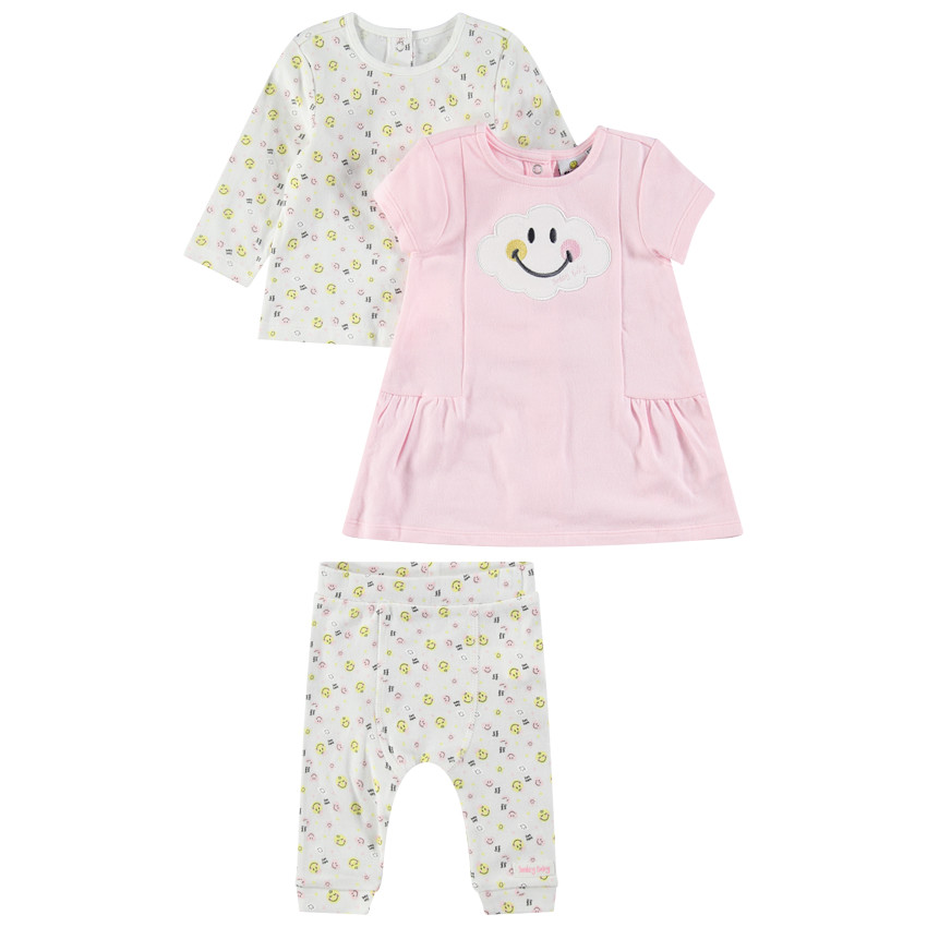 Conjunto con camiseta de manga larga, vestido rosa y legginghs estampado con ©Smiley 