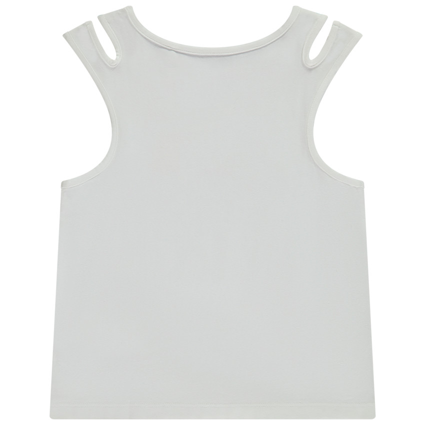 Camiseta sin mangas punto calado estampado frutas y lentejuelas para niña 