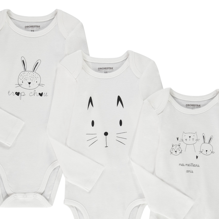 Pack de 3 bodies de manga larga para bebé con diferentes aperturas según la edad. 