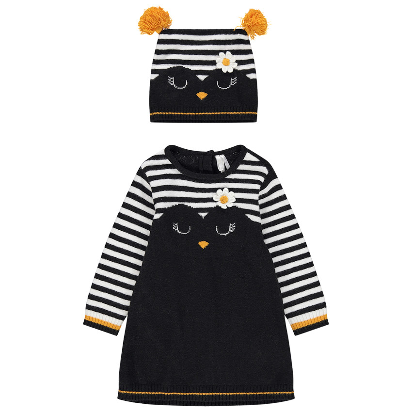 Ensemble avec robe en tricot et bonnet assorti à rayures 