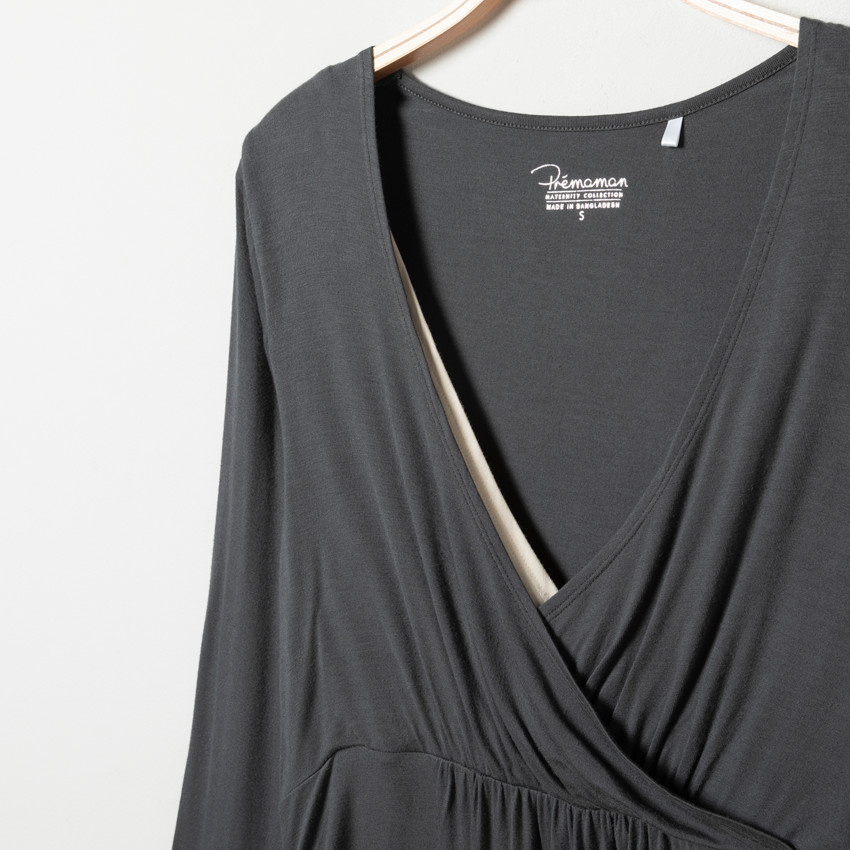 Camiseta de manga larga gris para embarazo y lactancia 