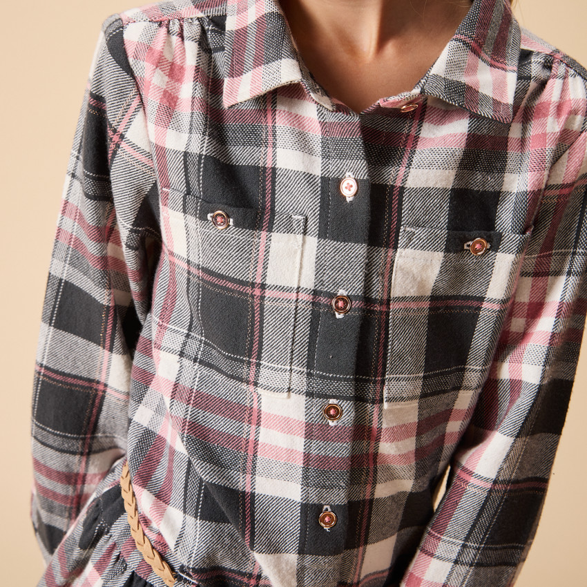 Ropa de camisa de cuadros con cinturón y mangas largas para niña 