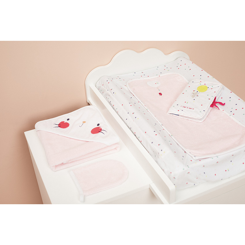 Conjunto de baño de rizo con capa con capucha  y guante estampado gato 