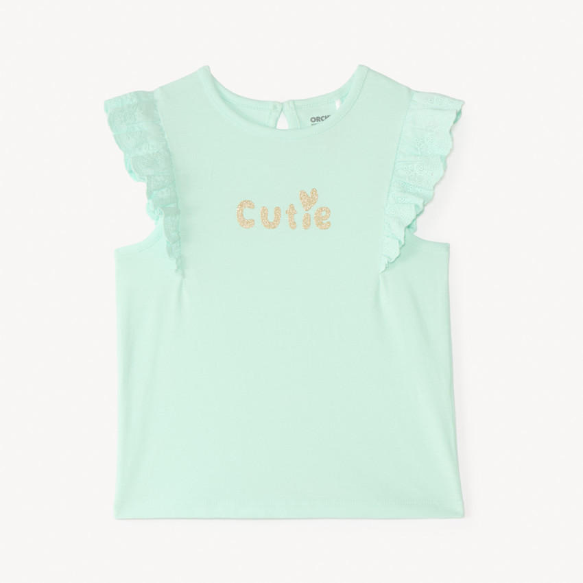 Camiseta de manga corta con volantes y estampado brillante para niña bebé. 