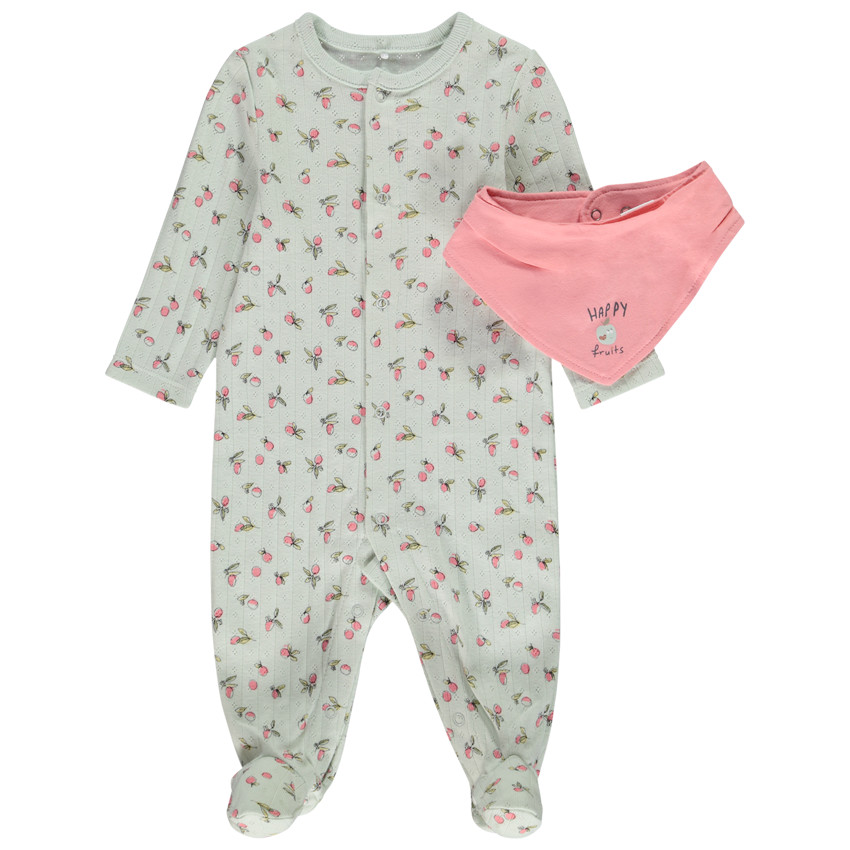Conjunto pelele estampado + babero bandana para bebé niña con diferentes aperturas según la edad 