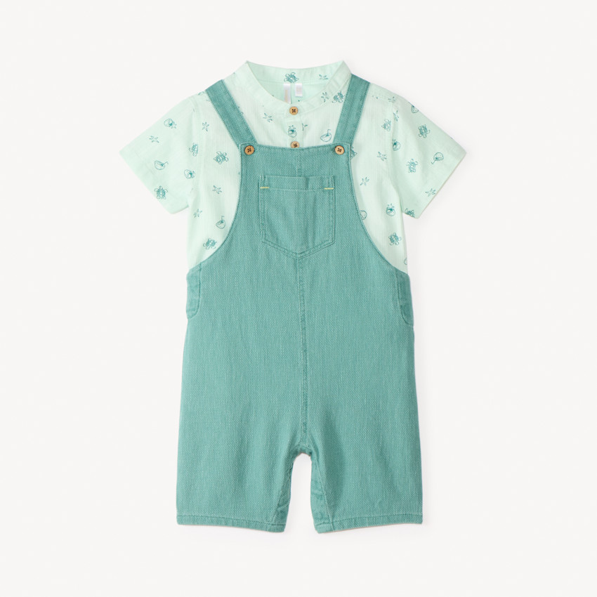 Conjunto corto de 2 piezas, camisa de cuello mao y tirantes para bebé niño. 