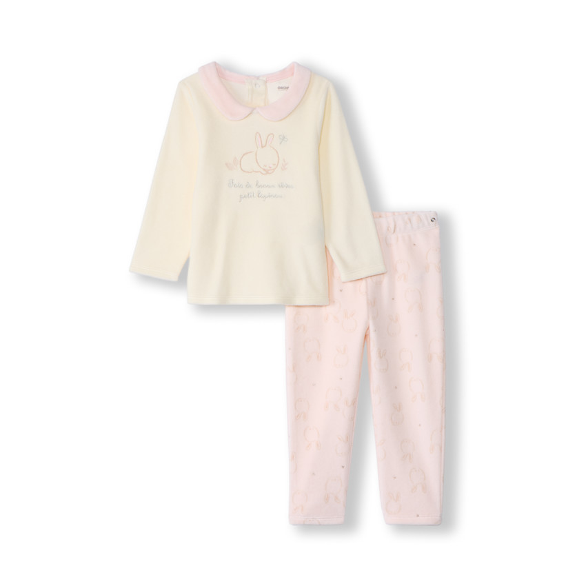 Pijama de 2 piezas de terciopelo con conejo para bebé niña con acabados variados según la edad 