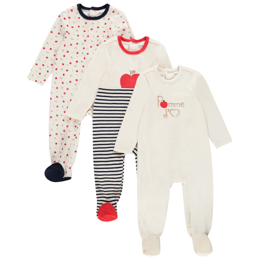 Pack de 3 peleles de terciopelo con estampado de manzanas para bebé niña 