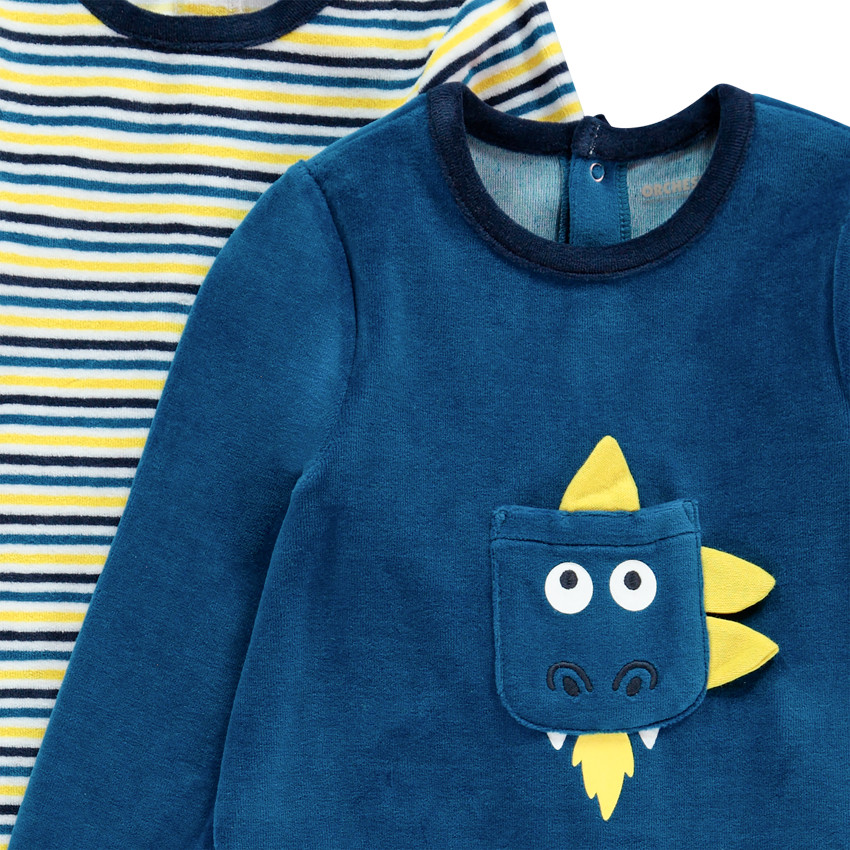 Pack de 2 peleles de terciopelo rayado y azul para bebé niño 