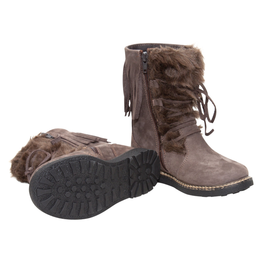 Botines de piel con lazada, pelo sintético y flecos 