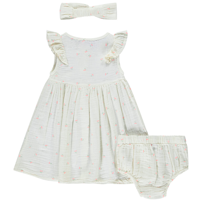 Conjunto vestido + bloomer + diadema estampados para bebé niña 