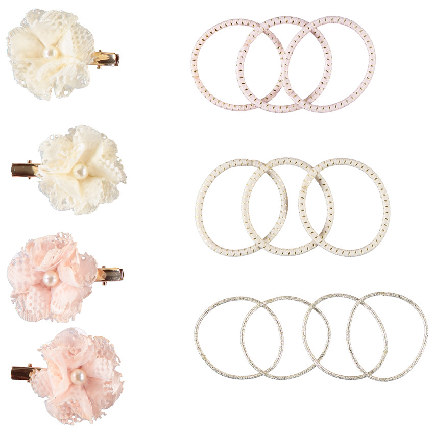 Lote de 4 horquillas con flores y 10 gomas para niña 
