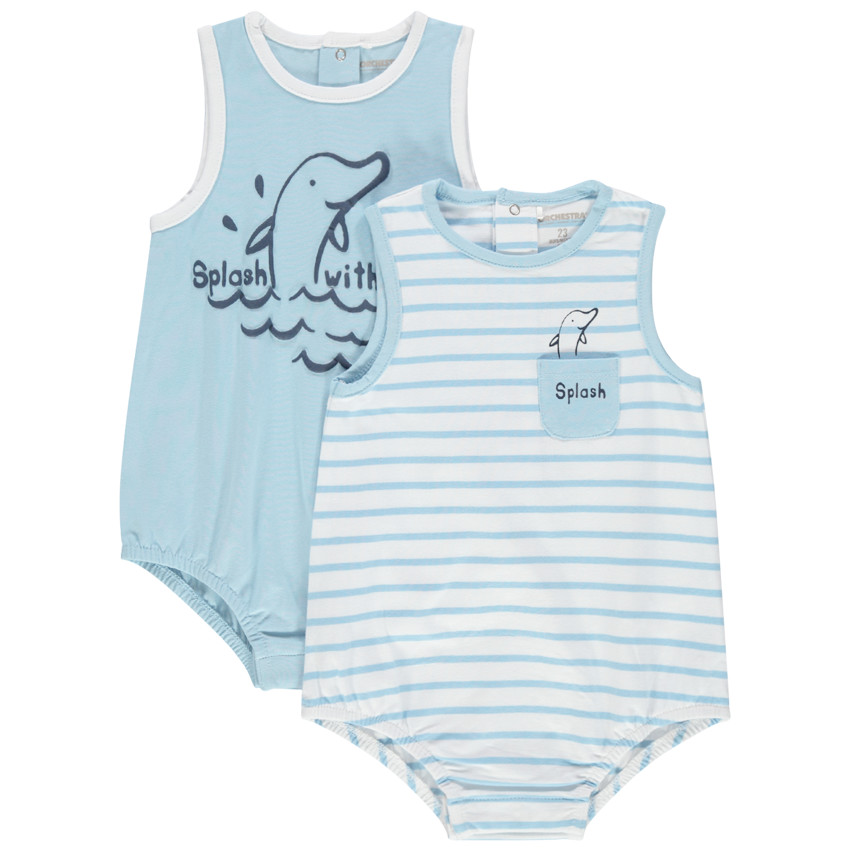 Pack de 2 peleles cortos a rayas y lisos con estampado de delfines 