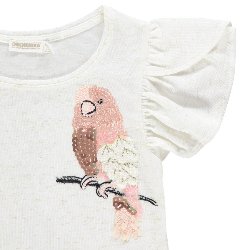 Camiseta manga corta con volantes motivo loro en lentejuelas 