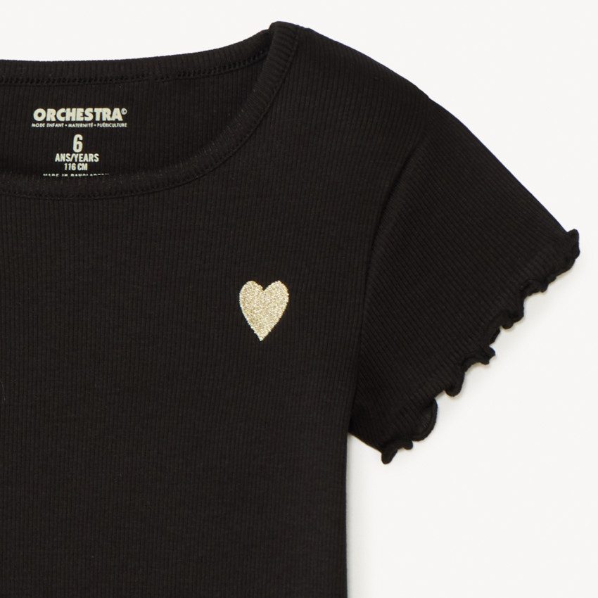 Camiseta de manga corta de punto acanalado con corazón bordado niña 